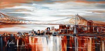 Image de la toile « Aux abords du Pont Jacques-Cartier - Vendue/Sold » de Myrtha Pelletier